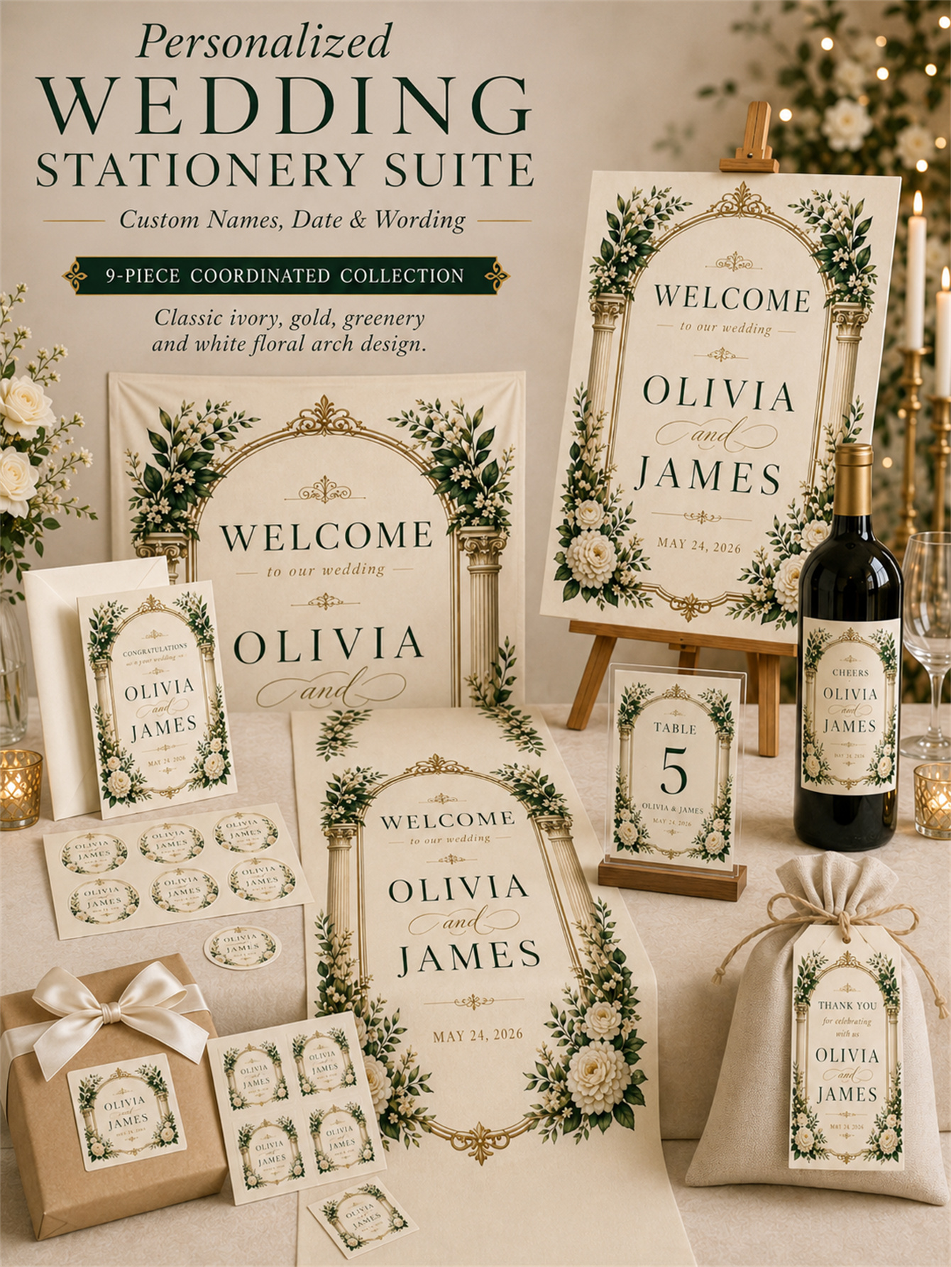 Luxurious ivory and gold wedding decorations - floral arch designs with white roses and classical column elements - custom names and dates